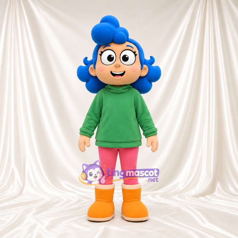 Maskottchenkostüm Mädchenfigur – wie abgebildet – Haare (blau); Kapuzenpullover (grün); Stiefel (gelb) Maskottchenkostüm Mädchenfigur – wie abgebildet – Haare (blau); Kapuzenpullover (grün); Stiefel (gelb)