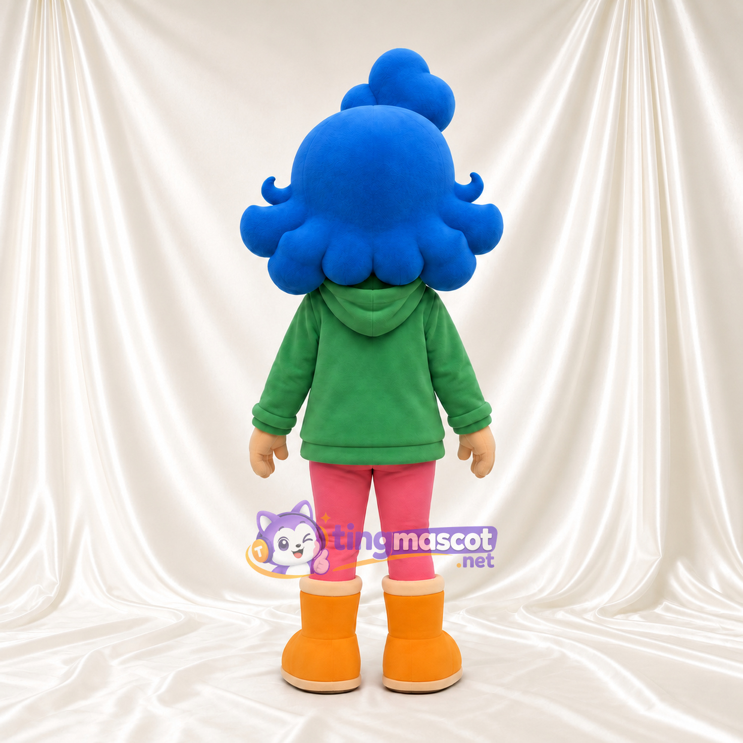 Maskottchenkostüm Mädchenfigur – wie abgebildet – Haare (blau); Kapuzenpullover (grün); Stiefel (gelb) Maskottchenkostüm Mädchenfigur – wie abgebildet – Haare (blau); Kapuzenpullover (grün); Stiefel (gelb)