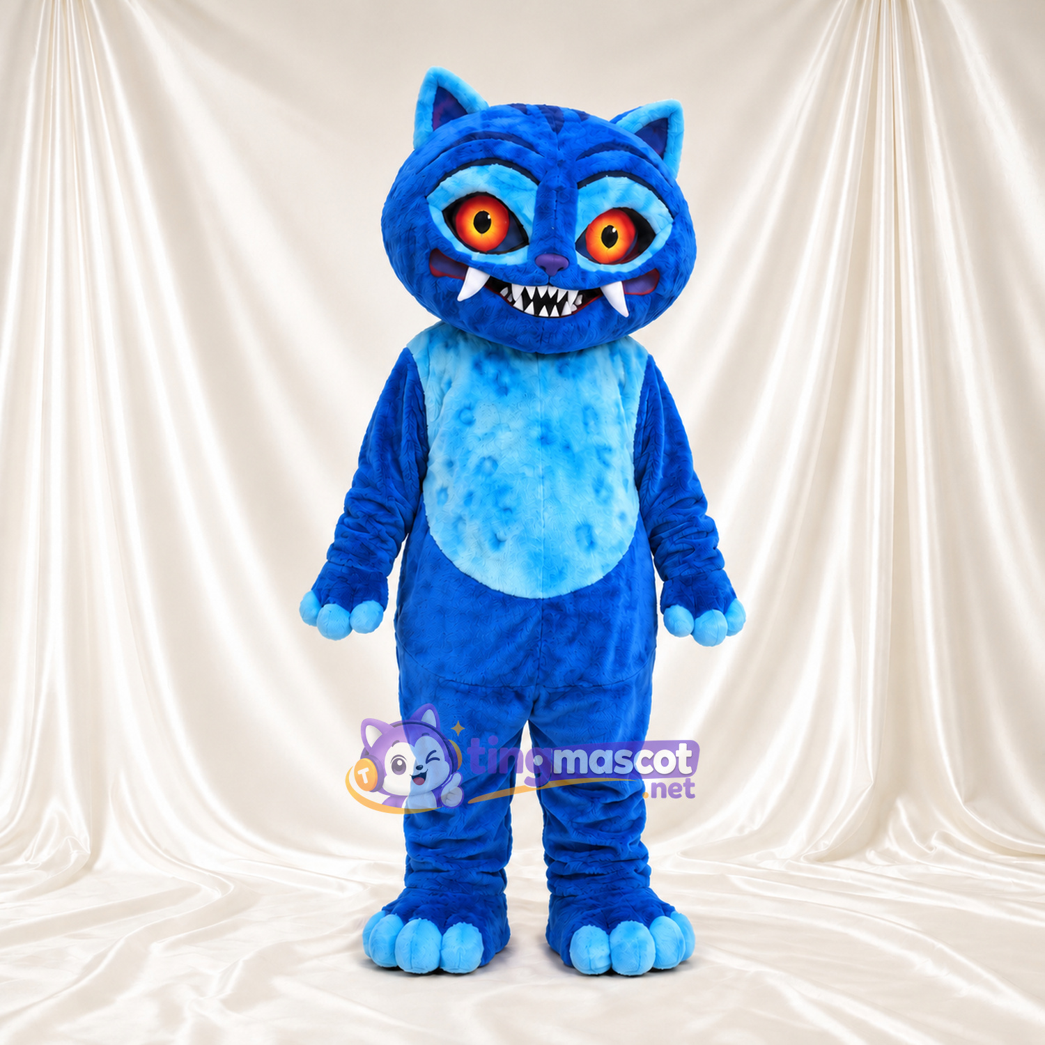 Blue Monster Cat Mascot Costume - Orange Eyes and Sharp-Toothed Grin Blue Monster Cat Mascot Costume - Orange Eyes and Sharp-Toothed Grin