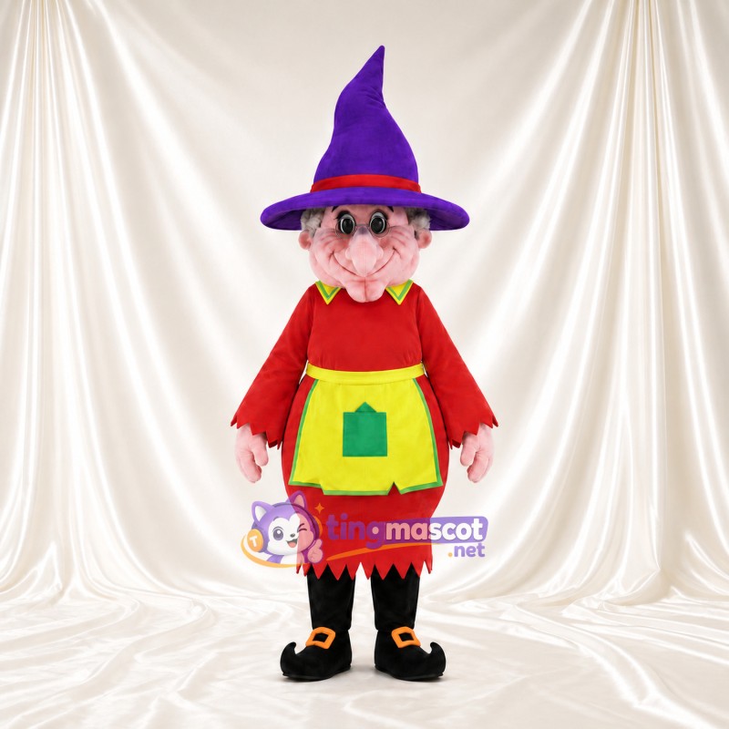 Maskottchenkostüm Hexe – wie abgebildet – Hut (violett); Kleid (rot); Schürze (gelb) Maskottchenkostüm Hexe – wie abgebildet – Hut (violett); Kleid (rot); Schürze (gelb)