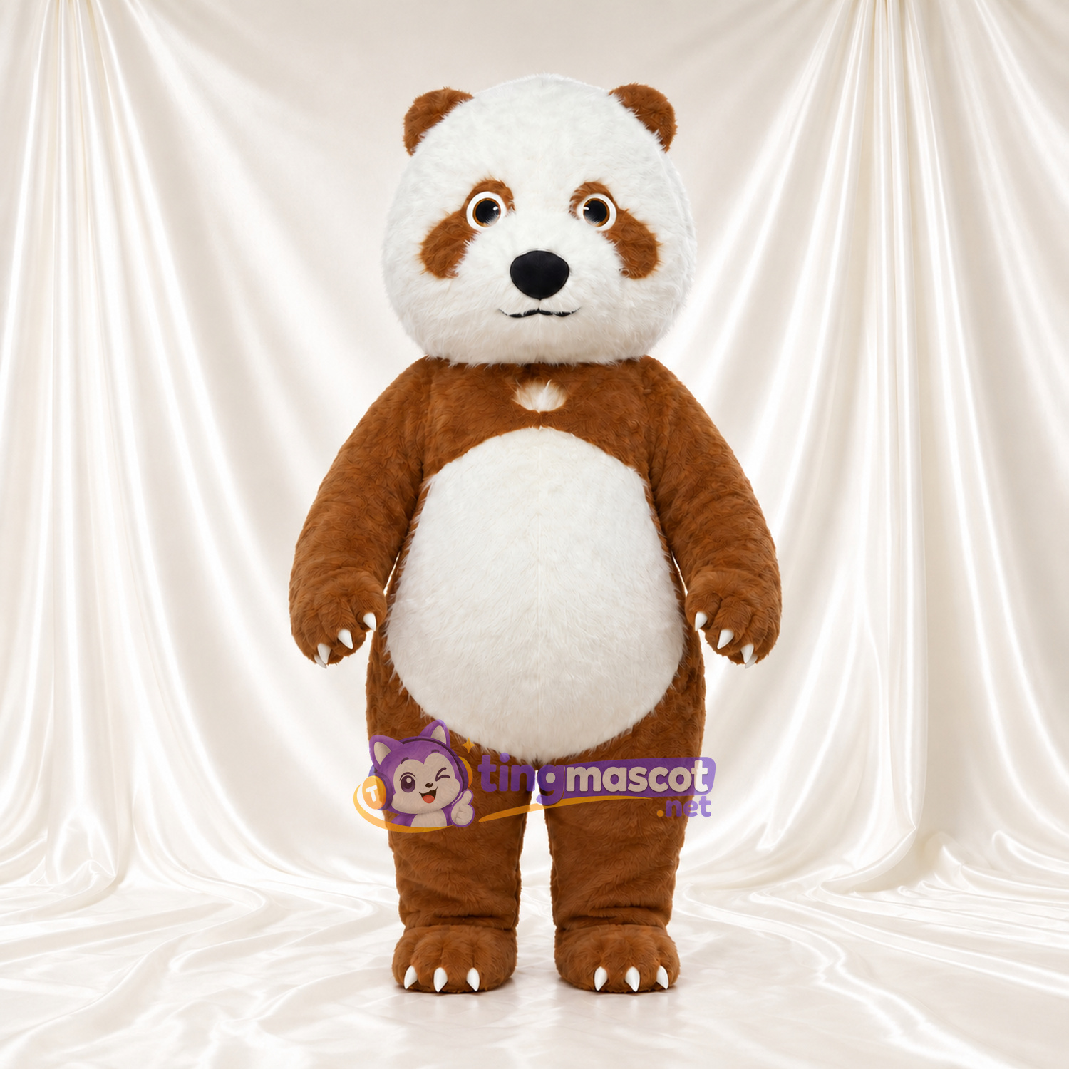 Costume de mascotte Panda – marron / blanc – Ventre (rond, crème); Oreilles (petit, marron) Costume de mascotte Panda – marron / blanc – Ventre (rond, crème); Oreilles (petit, marron)
