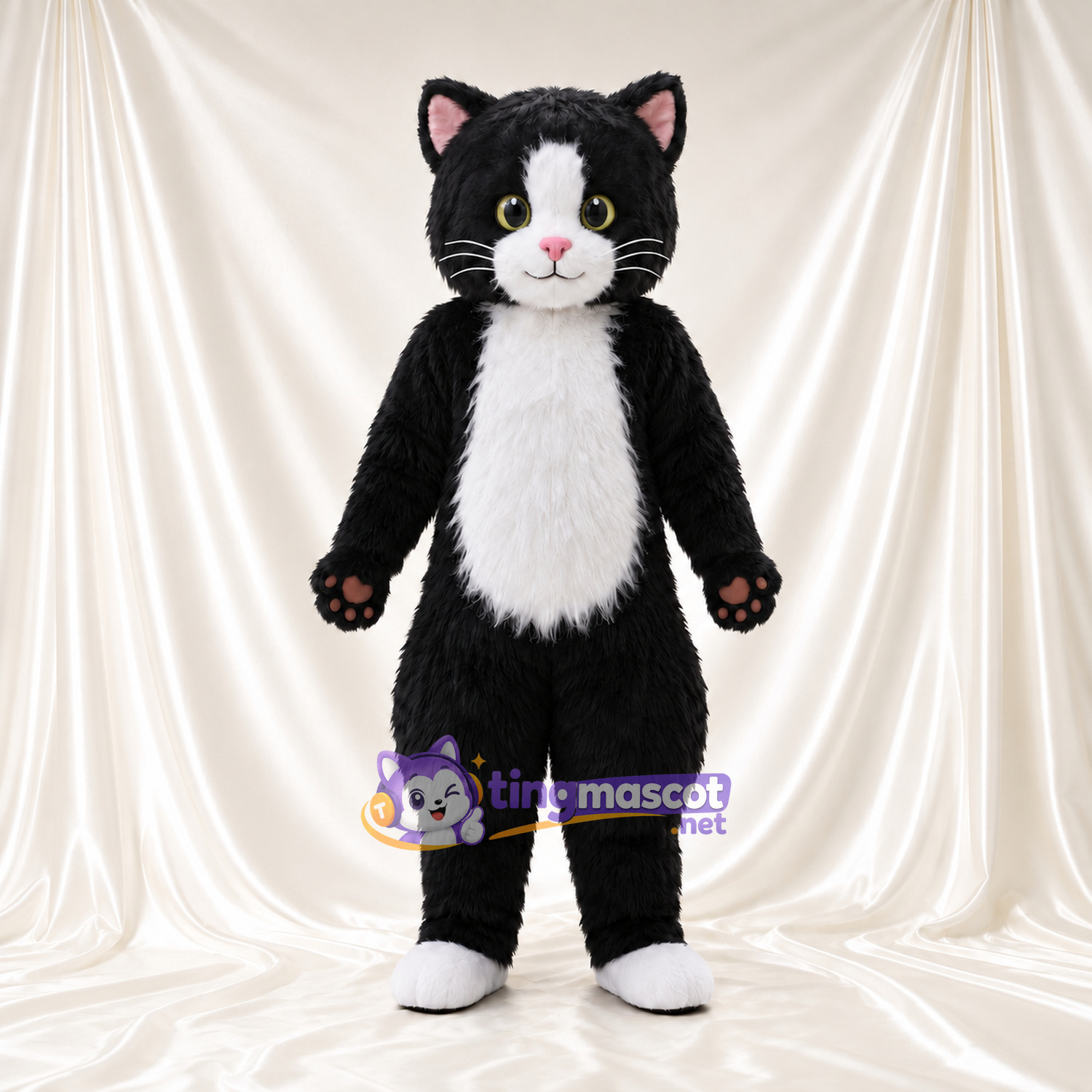 Black and White Cat Mascot Costume - Green Eyes and Pink Paw Pads Black and White Cat Mascot Costume - Green Eyes and Pink Paw Pads
