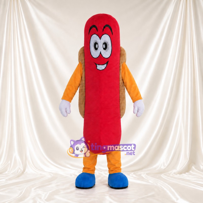 Hotdog-Maskottchenkostüm – lächelnde rote Wurst und blaue Schuhe Hotdog-Maskottchenkostüm – lächelnde rote Wurst und blaue Schuhe