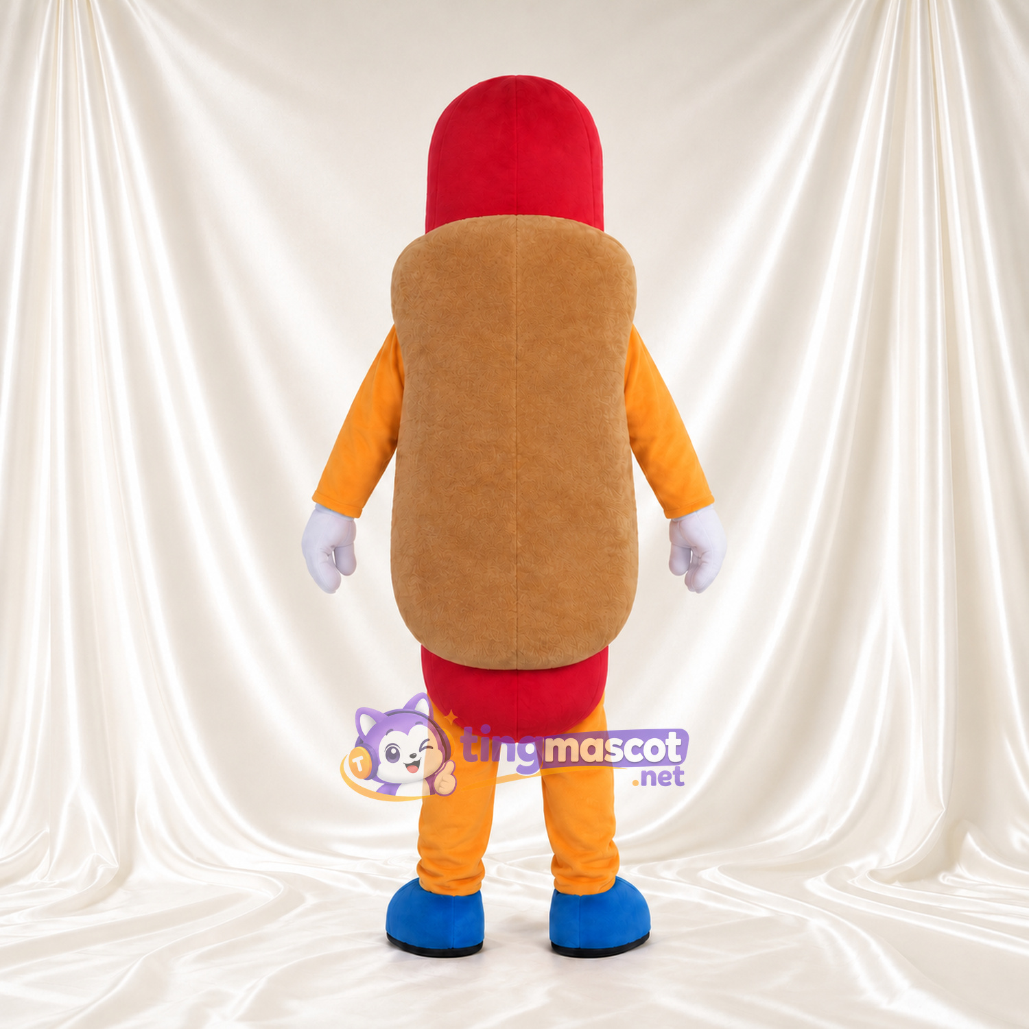 Hotdog-Maskottchenkostüm – lächelnde rote Wurst und blaue Schuhe Hotdog-Maskottchenkostüm – lächelnde rote Wurst und blaue Schuhe