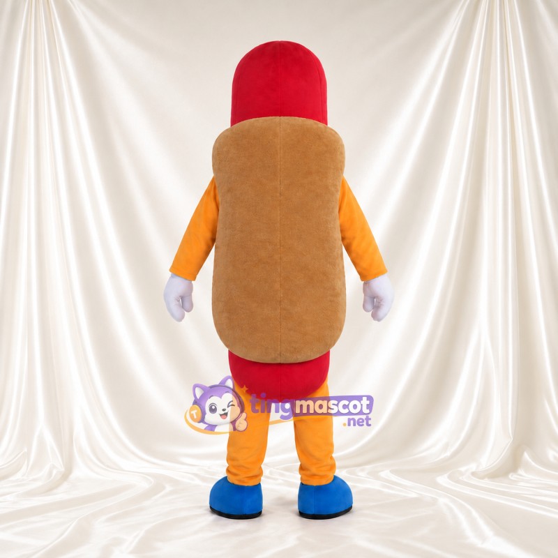 Hotdog-Maskottchenkostüm – lächelnde rote Wurst und blaue Schuhe Hotdog-Maskottchenkostüm – lächelnde rote Wurst und blaue Schuhe