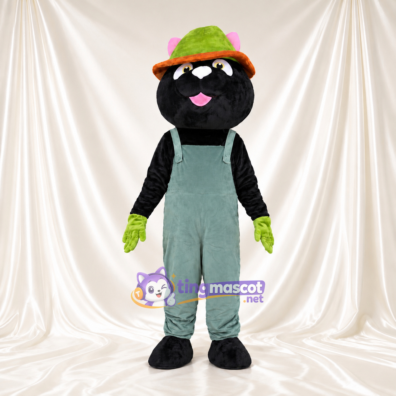 Costume de mascotte Chat – noir – Chapeau (vert); Salopette