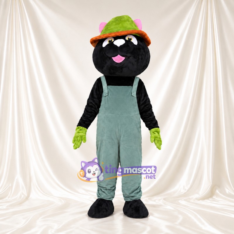 Costume de mascotte Chat – noir – Chapeau (vert); Salopette Costume de mascotte Chat – noir – Chapeau (vert); Salopette