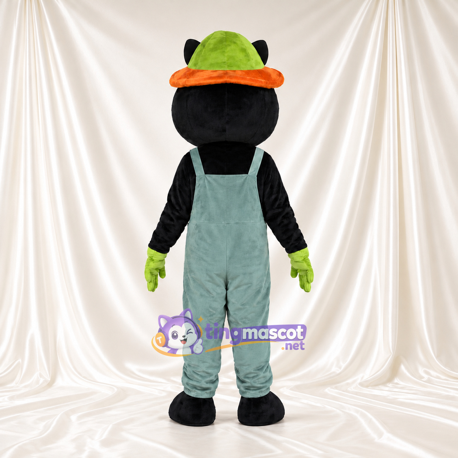 Costume de mascotte Chat – noir – Chapeau (vert); Salopette