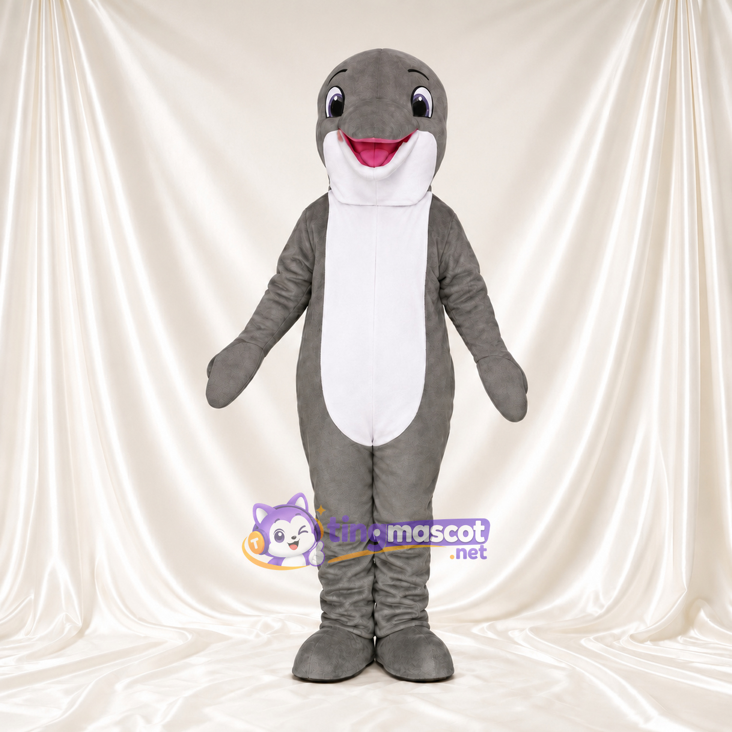 Maskottchenkostüm Delfin – grau – Bauch (weiß); Mund (rosa, lächelnd) Maskottchenkostüm Delfin – grau – Bauch (weiß); Mund (rosa, lächelnd)