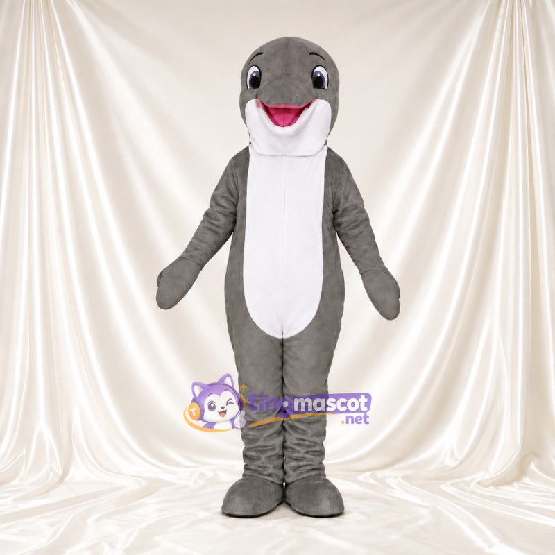 Maskottchenkostüm Delfin – grau – Bauch (weiß); Mund (rosa, lächelnd) Maskottchenkostüm Delfin – grau – Bauch (weiß); Mund (rosa, lächelnd)