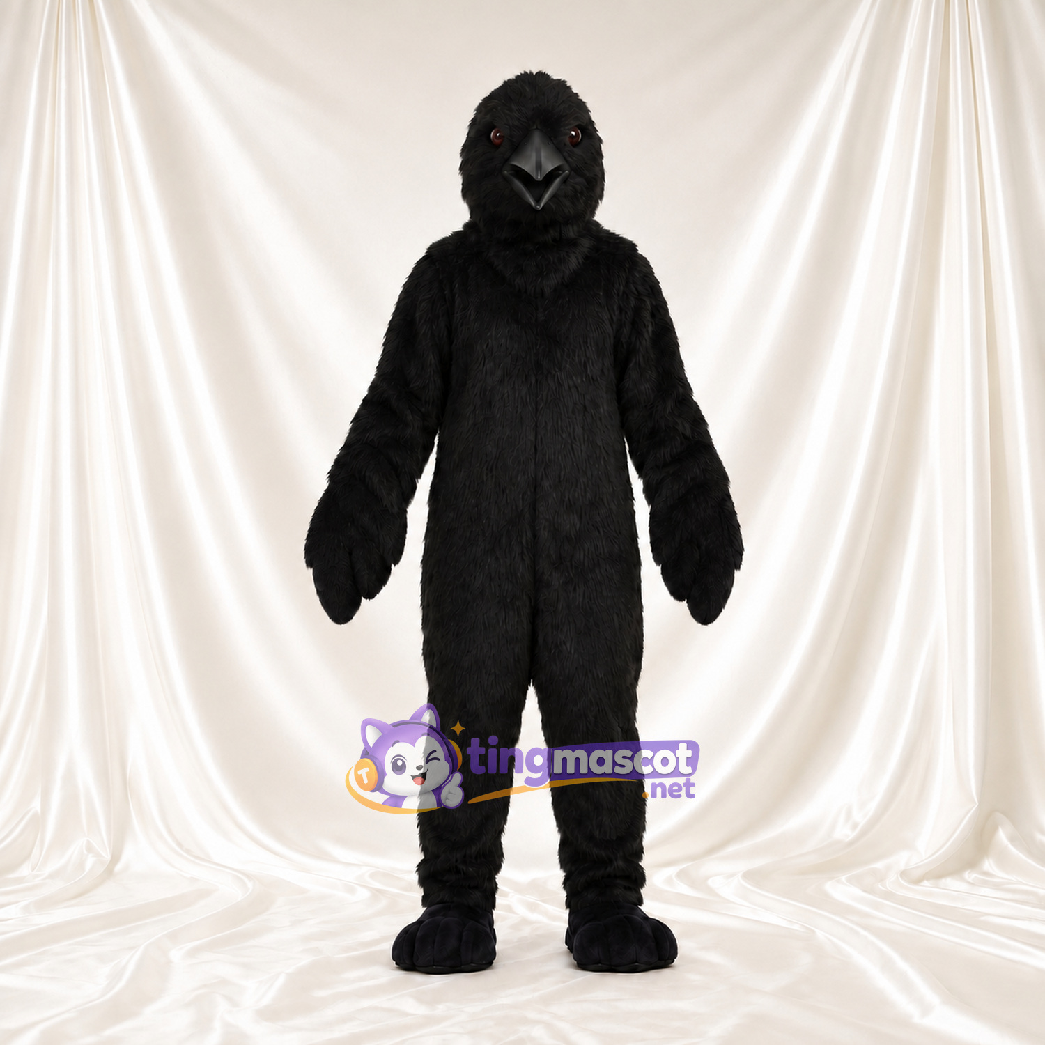 Maskottchenkostüm Rabe – schwarz – Schnabel (schwarz); Körper (zottelig) Maskottchenkostüm Rabe – schwarz – Schnabel (schwarz); Körper (zottelig)