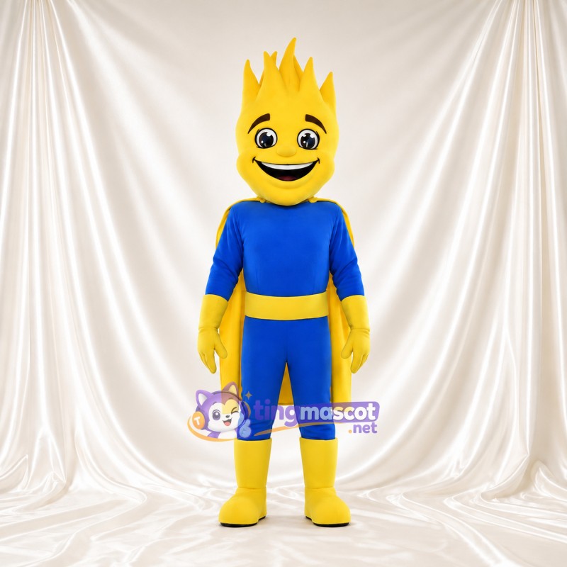 Flame Superhero Mascot Costume - Blue Suit and Yellow Cape Flame Superhero Mascot Costume - Blue Suit and Yellow Cape
