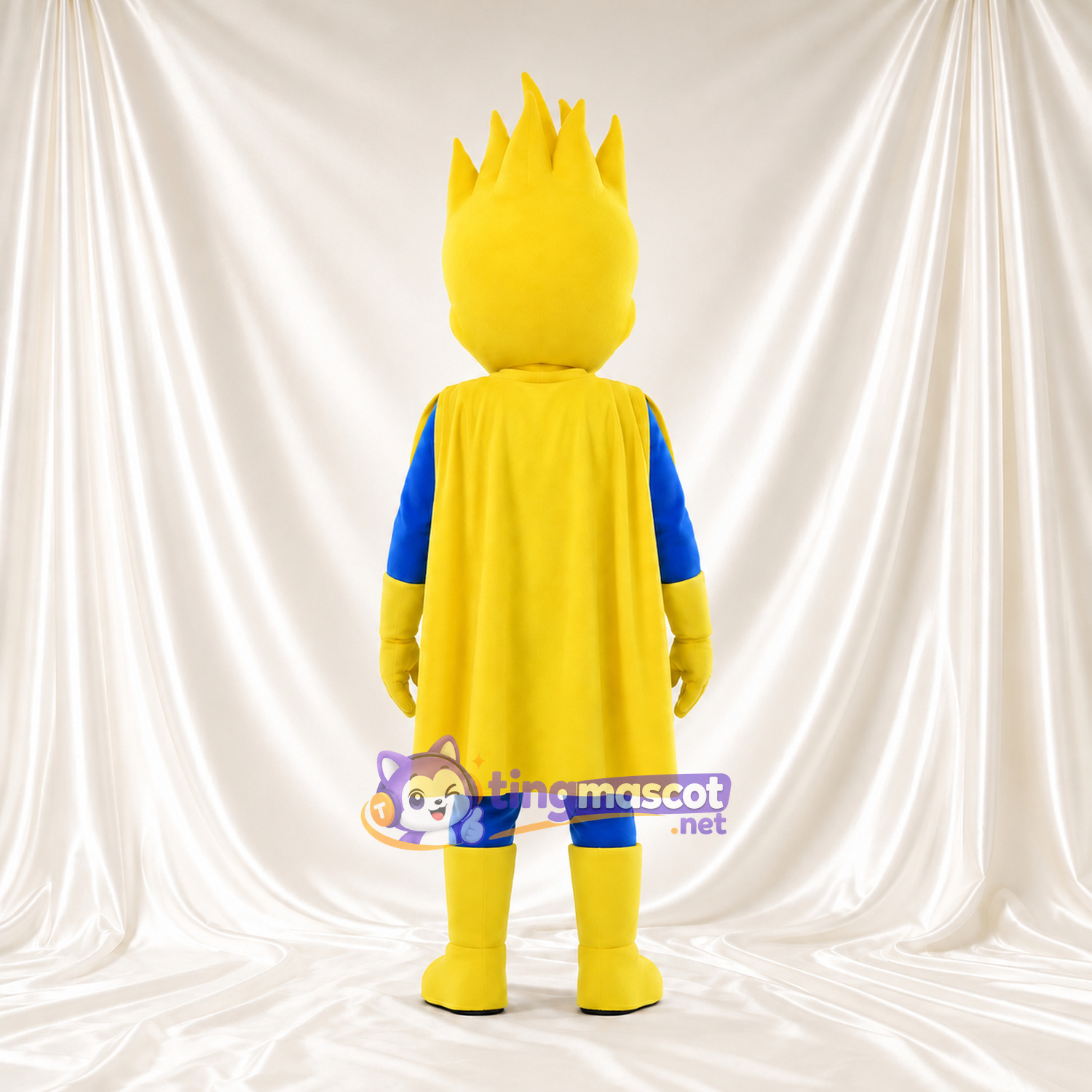 Flame Superhero Mascot Costume - Blue Suit and Yellow Cape Flame Superhero Mascot Costume - Blue Suit and Yellow Cape