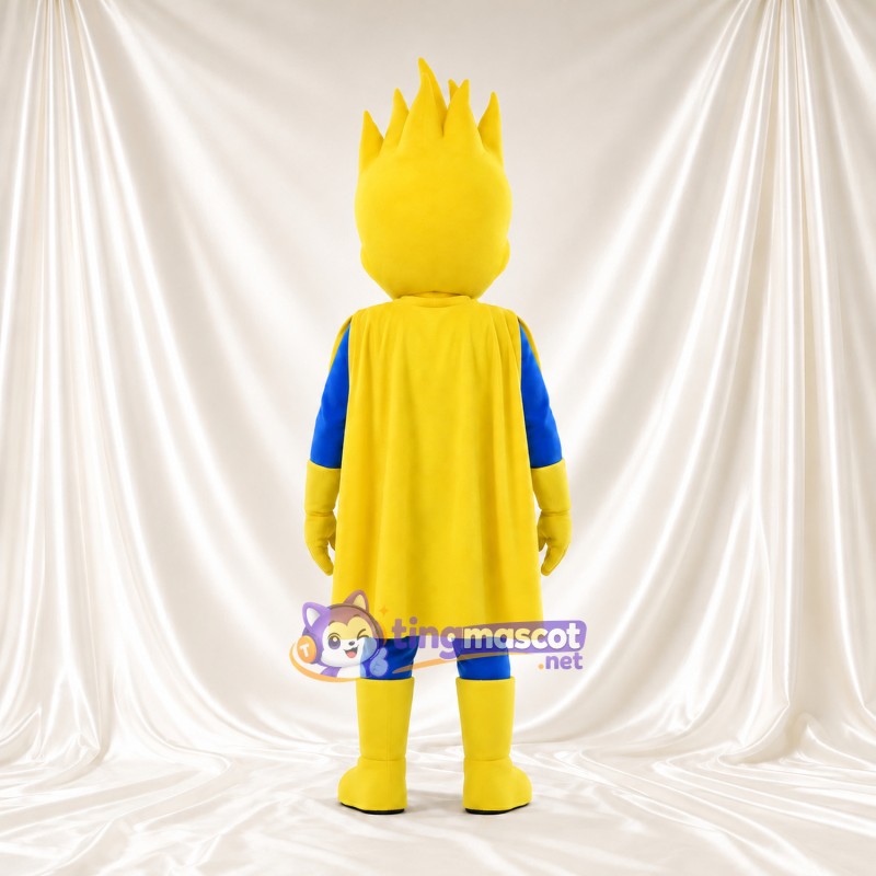 Flame Superhero Mascot Costume - Blue Suit and Yellow Cape Flame Superhero Mascot Costume - Blue Suit and Yellow Cape