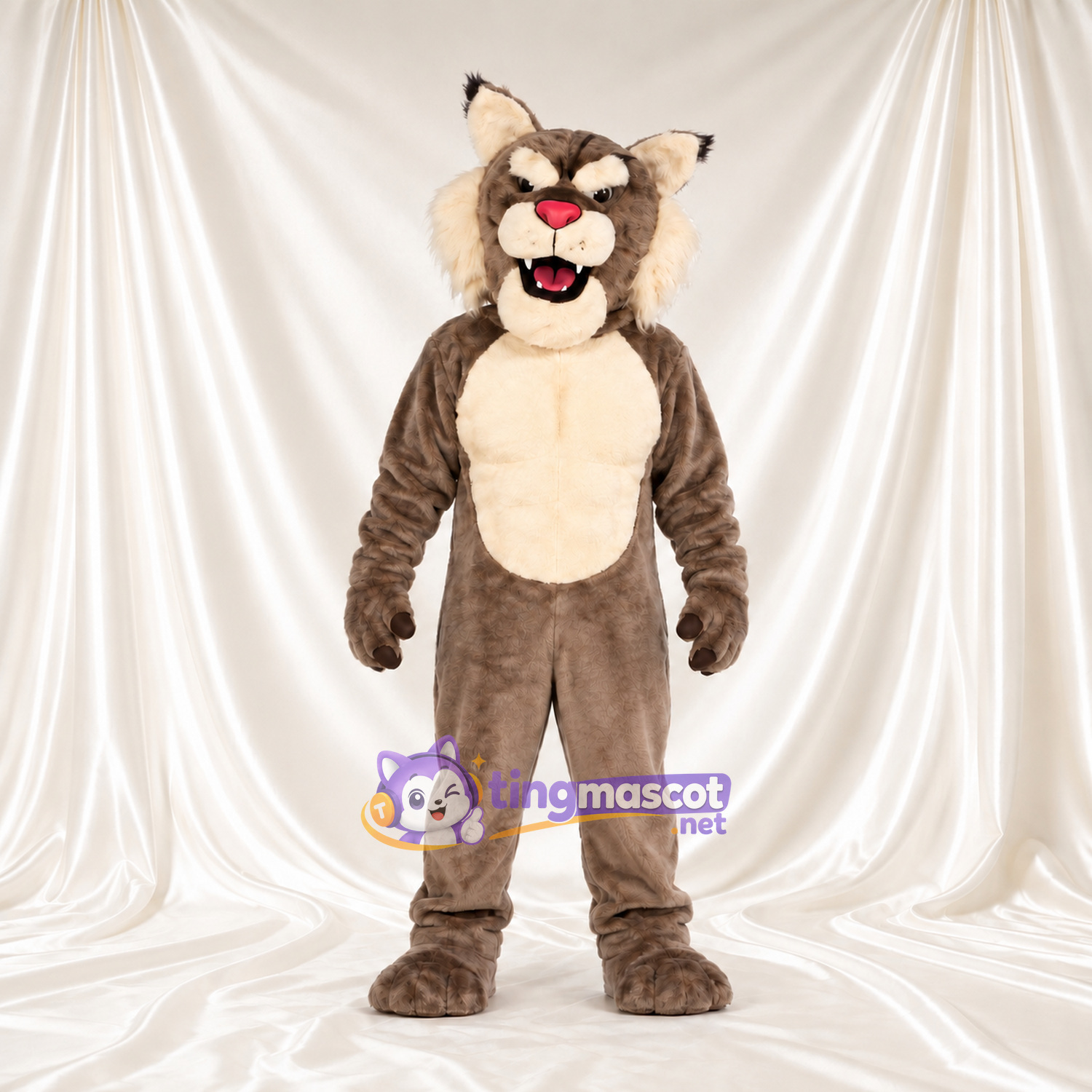Costume de mascotte Chat sauvage – gris – Torse (crème); Nez (rose) Costume de mascotte Chat sauvage – gris – Torse (crème); Nez (rose)