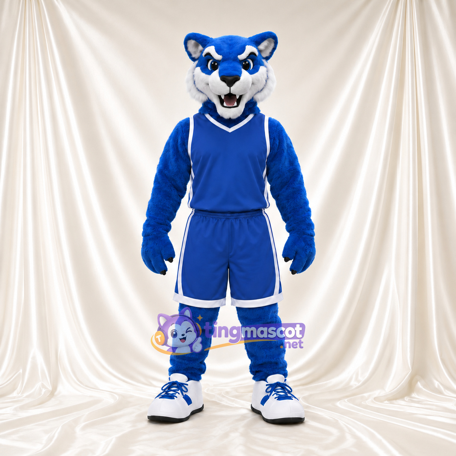 Blue Tiger Mascot Costume - Blue Basketball Uniform and White Sneakers Blue Tiger Mascot Costume - Blue Basketball Uniform and White Sneakers