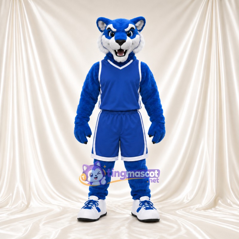 Blue Tiger Mascot Costume - Blue Basketball Uniform and White Sneakers Blue Tiger Mascot Costume - Blue Basketball Uniform and White Sneakers