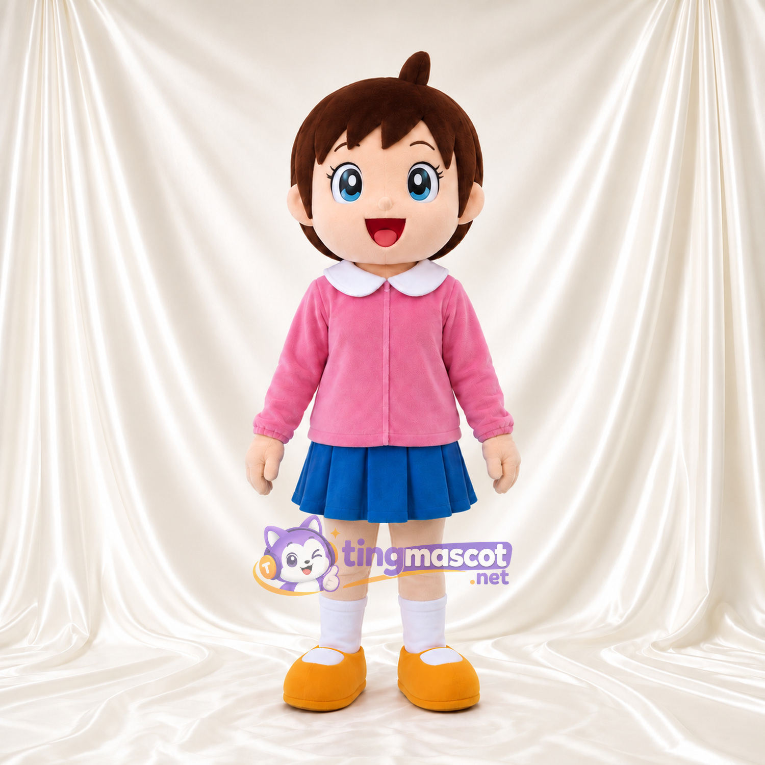 Anime Girl Mascot Costume - Pink Cardigan, Blue Skirt and Yellow Shoes Anime Girl Mascot Costume - Pink Cardigan, Blue Skirt and Yellow Shoes