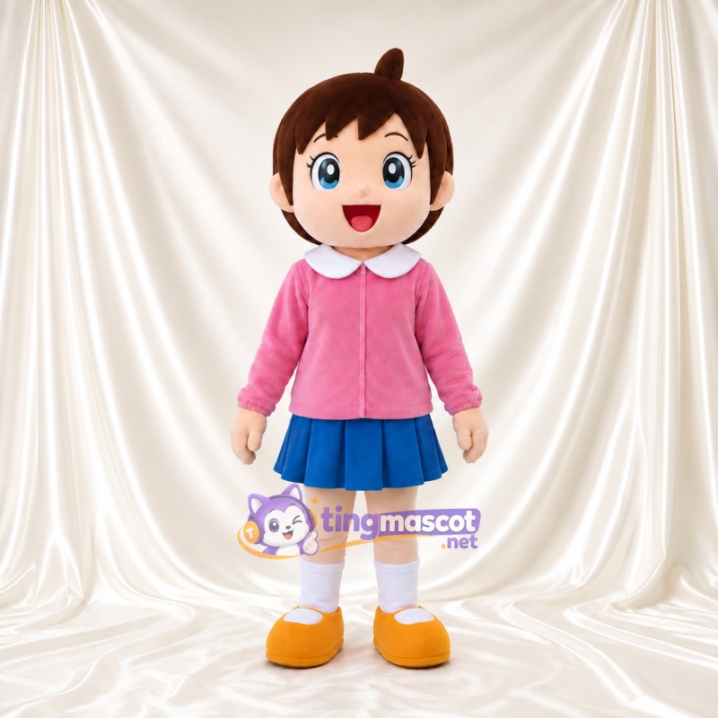 Anime Girl Mascot Costume - Pink Cardigan, Blue Skirt and Yellow Shoes Anime Girl Mascot Costume - Pink Cardigan, Blue Skirt and Yellow Shoes