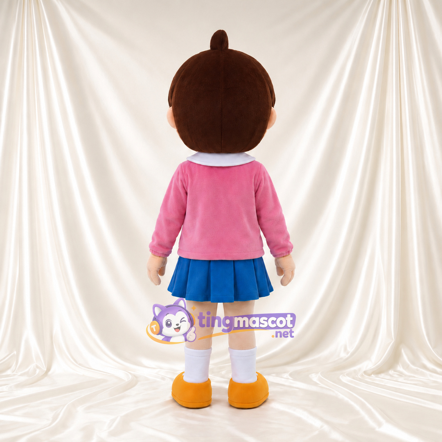 Anime Girl Mascot Costume - Pink Cardigan, Blue Skirt and Yellow Shoes Anime Girl Mascot Costume - Pink Cardigan, Blue Skirt and Yellow Shoes