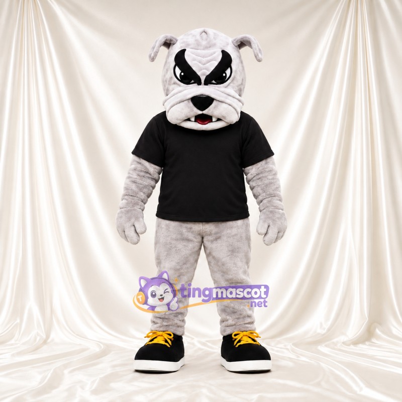 Costume de mascotte Bouledogue – blanc – T-shirt (noir); Chaussures (jaune) Costume de mascotte Bouledogue – blanc – T-shirt (noir); Chaussures (jaune)