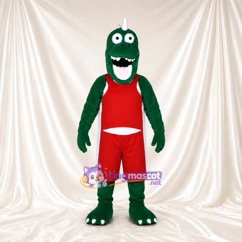 Costume de mascotte Dinosaure – vert – Tenue de basket (rouge); Sourire (large) Costume de mascotte Dinosaure – vert – Tenue de basket (rouge); Sourire (large)