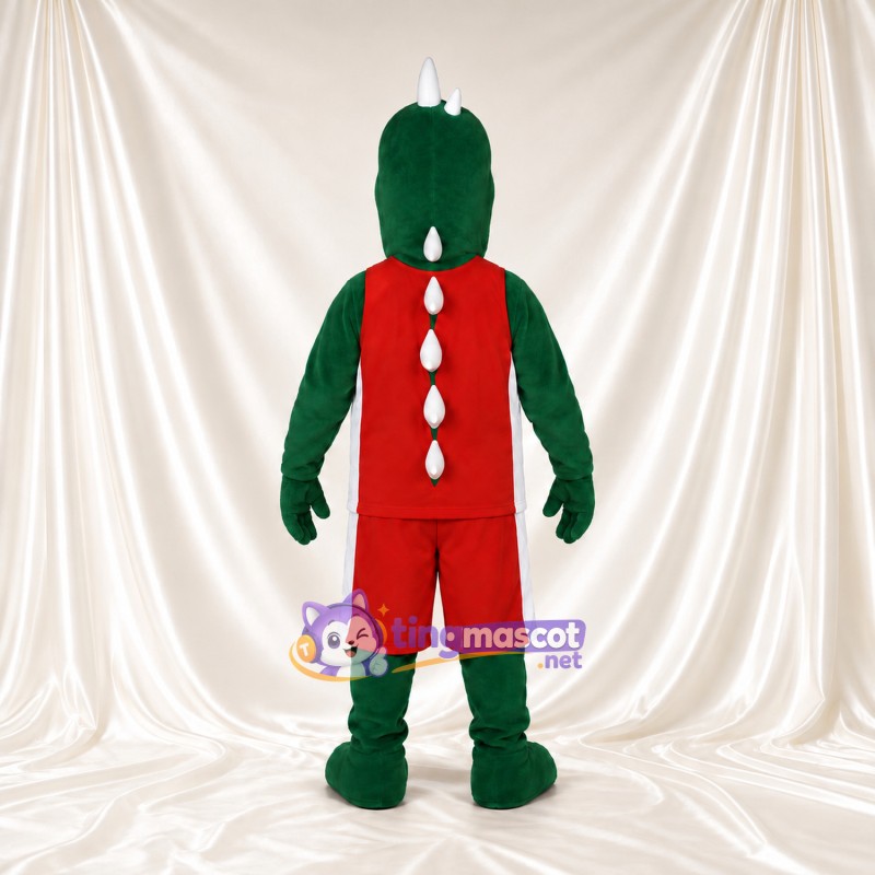 Costume de mascotte Dinosaure – vert – Tenue de basket (rouge); Sourire (large) Costume de mascotte Dinosaure – vert – Tenue de basket (rouge); Sourire (large)
