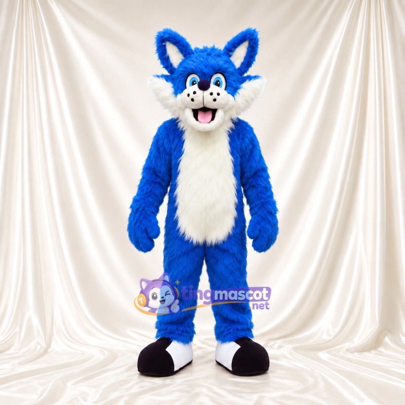 Costume de mascotte Renard – bleu – Ventre (blanc); Chaussures (noir)