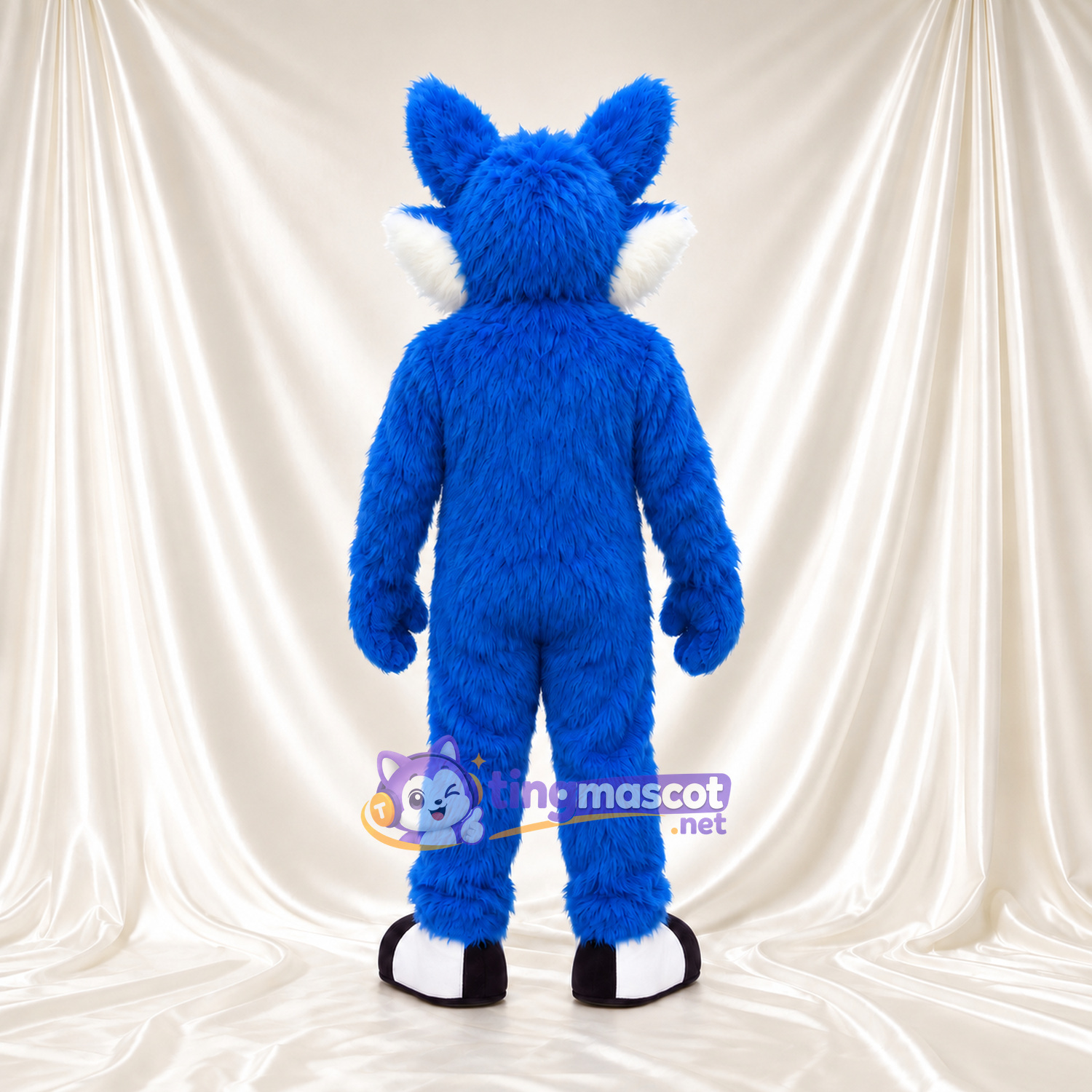 Costume de mascotte Renard – bleu – Ventre (blanc); Chaussures (noir) Costume de mascotte Renard – bleu – Ventre (blanc); Chaussures (noir)