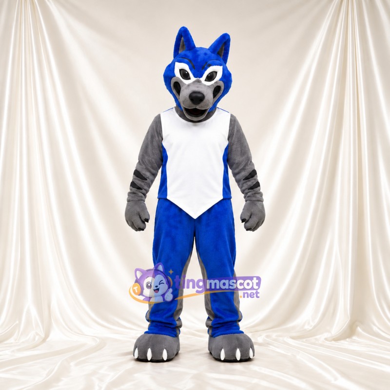 Costume de mascotte Loup – bleu / gris – Gilet de sport (blanc); Pantalon (bleu)