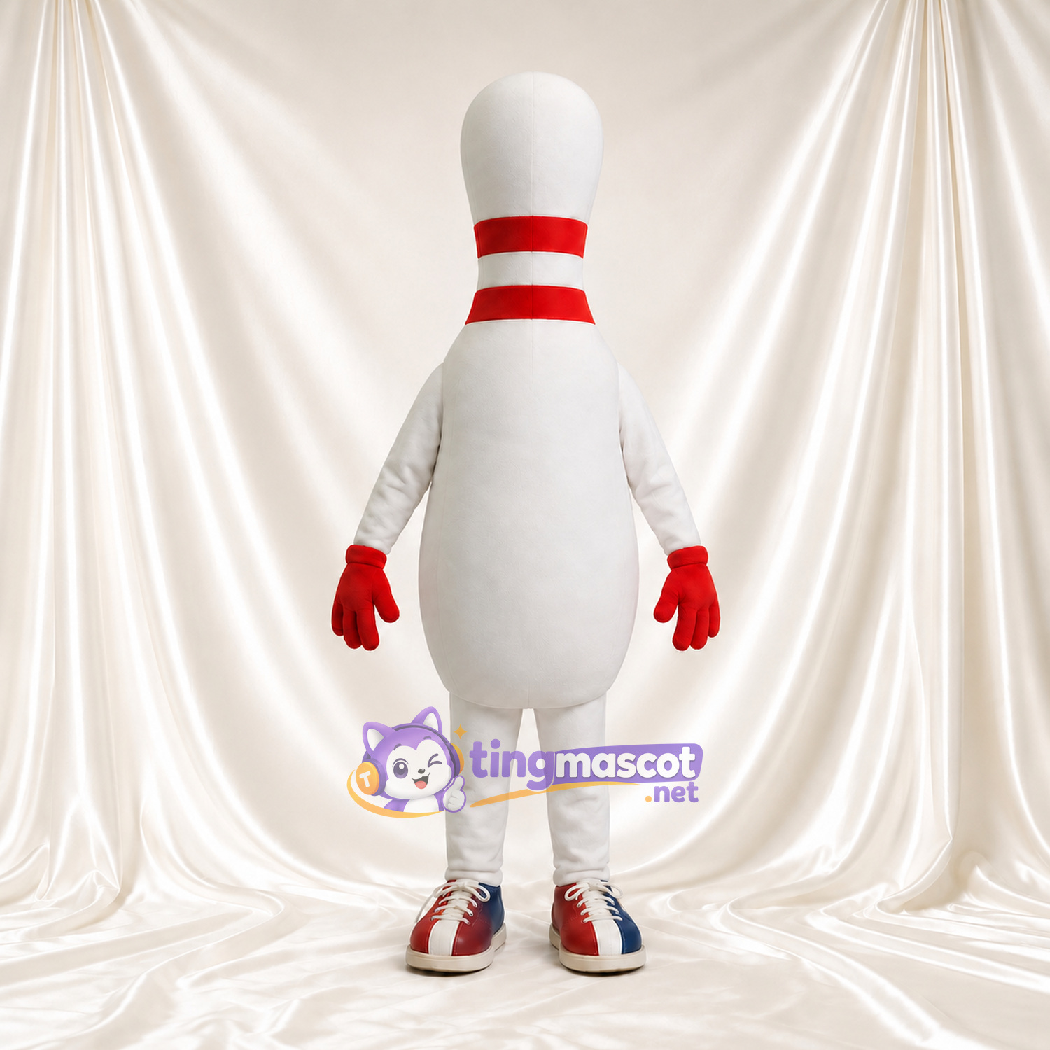 Maskottchenkostüm Bowlingkegel – weiß – Streifen (rot); Handschuhe (rot); Sneaker Maskottchenkostüm Bowlingkegel – weiß – Streifen (rot); Handschuhe (rot); Sneaker