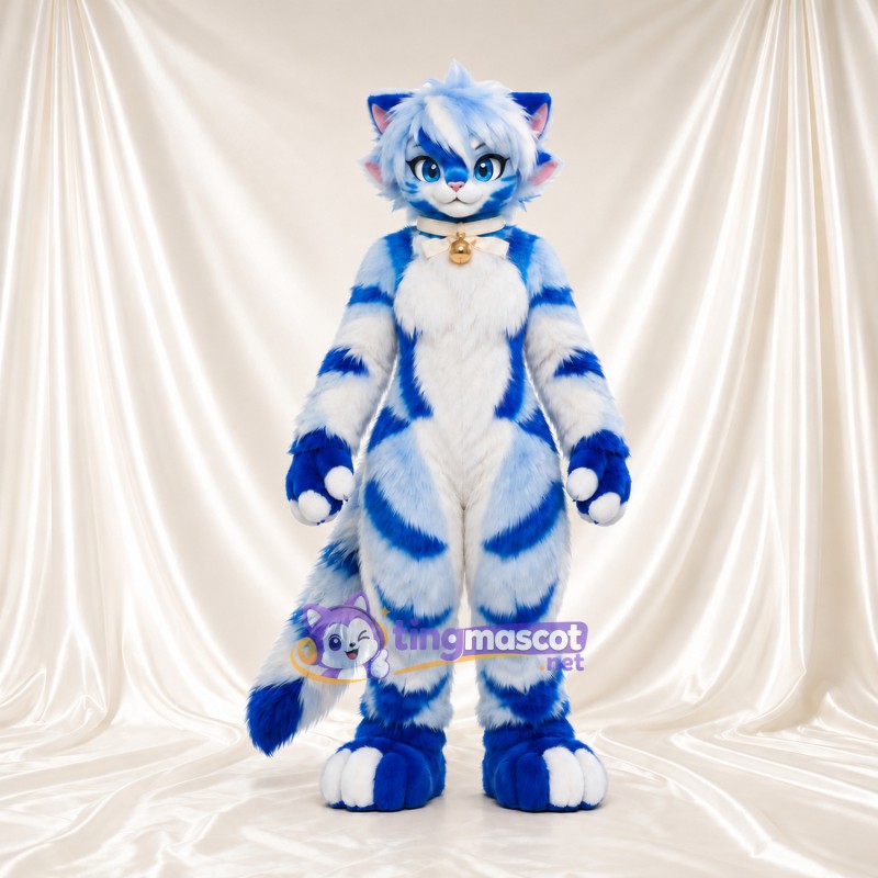 Costume de mascotte Chat – blanc / bleu – Rayures (bleu); Col (doré) Costume de mascotte Chat – blanc / bleu – Rayures (bleu); Col (doré)