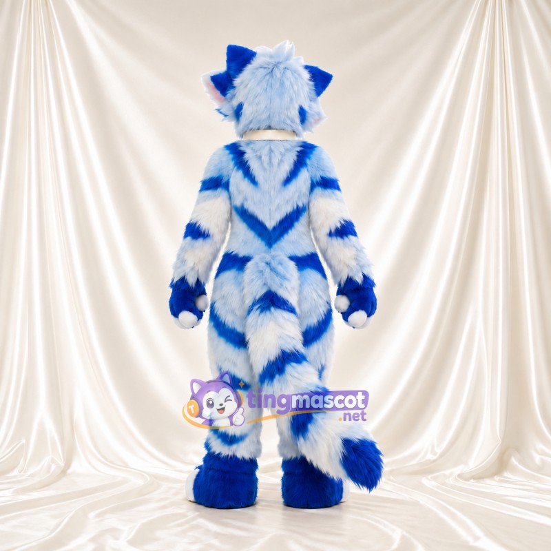 Costume de mascotte Chat – blanc / bleu – Rayures (bleu); Col (doré) Costume de mascotte Chat – blanc / bleu – Rayures (bleu); Col (doré)