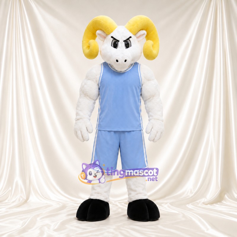 Costume de mascotte Bélier – blanc – Cornes (jaune); Tenue de basket (bleu clair) Costume de mascotte Bélier – blanc – Cornes (jaune); Tenue de basket (bleu clair)