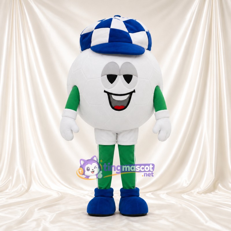 Costume de mascotte Personnage rond – blanc – Casquette (à carreaux, bleu); Tenue (vert) Costume de mascotte Personnage rond – blanc – Casquette (à carreaux, bleu); Tenue (vert)