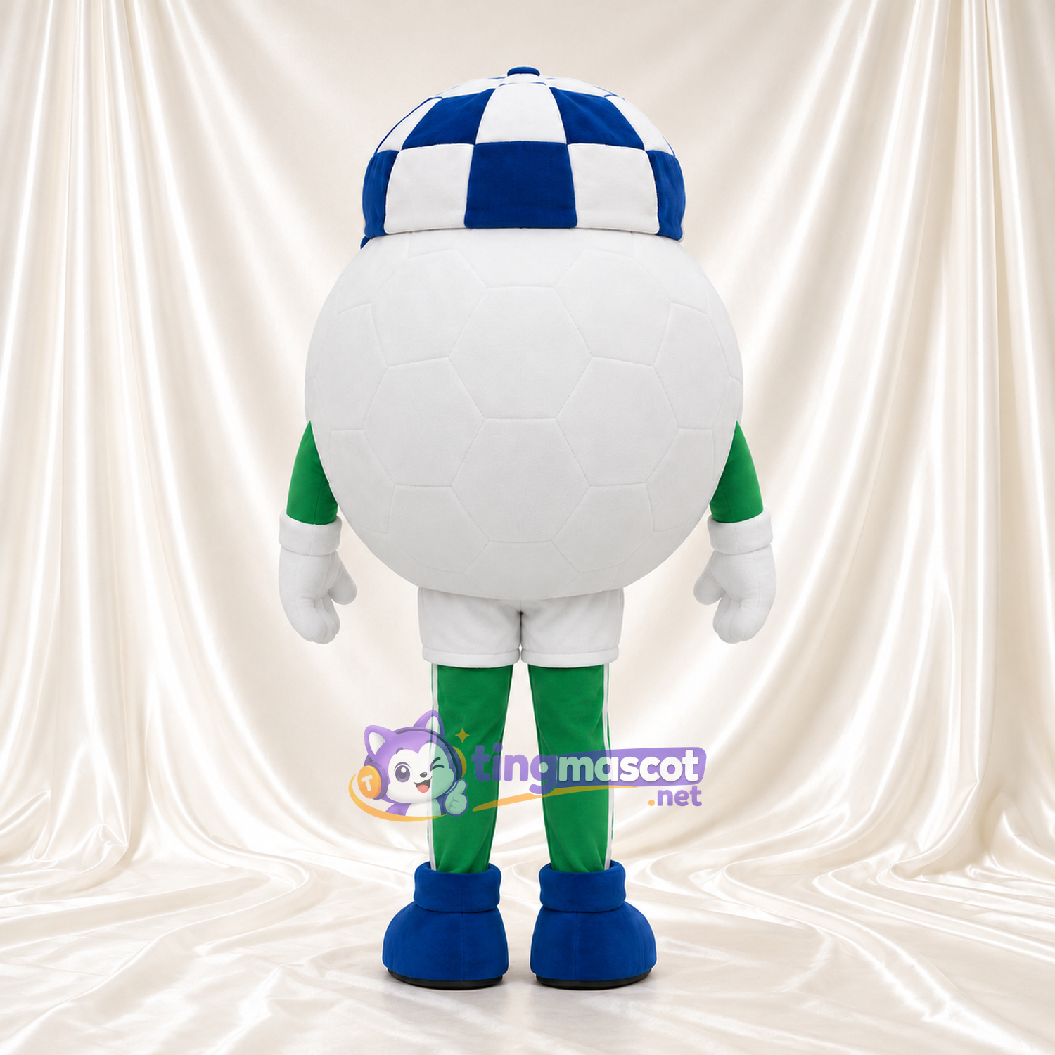 Costume de mascotte Personnage rond – blanc – Casquette (à carreaux, bleu); Tenue (vert) Costume de mascotte Personnage rond – blanc – Casquette (à carreaux, bleu); Tenue (vert)