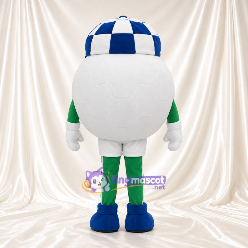 Costume de mascotte Personnage rond – blanc – Casquette (à carreaux, bleu); Tenue (vert) Costume de mascotte Personnage rond – blanc – Casquette (à carreaux, bleu); Tenue (vert)