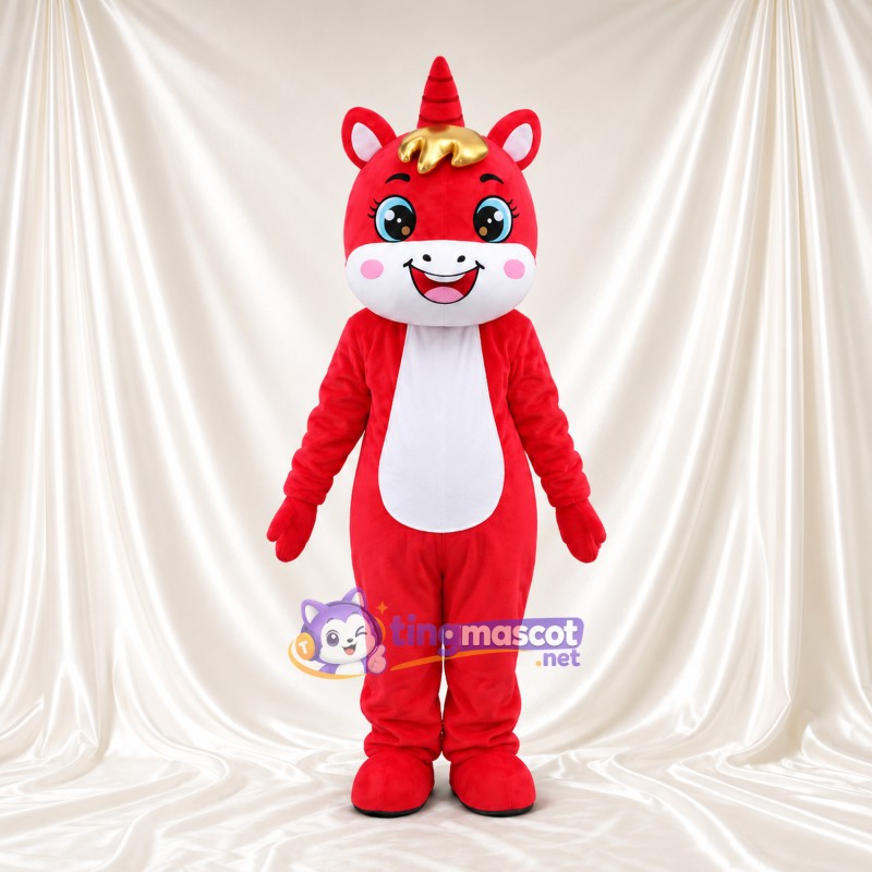 Maskottchenkostüm Einhorn – rot – Stirnlocke (goldfarben); Bauch (weiß) Maskottchenkostüm Einhorn – rot – Stirnlocke (goldfarben); Bauch (weiß)