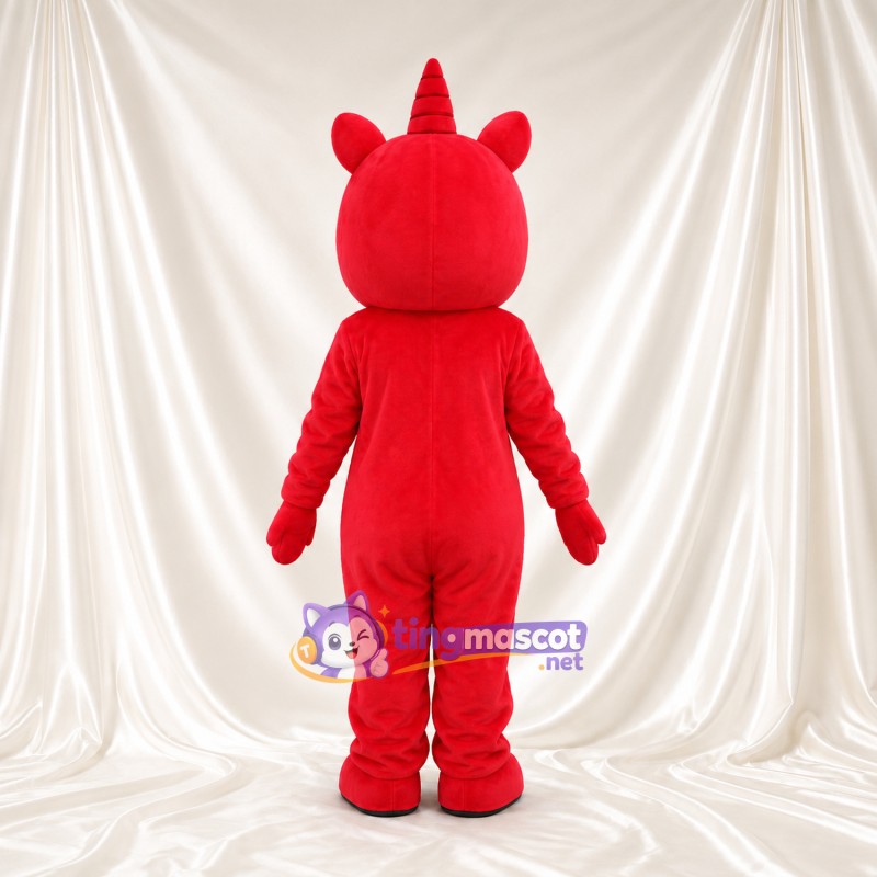 Maskottchenkostüm Einhorn – rot – Stirnlocke (goldfarben); Bauch (weiß) Maskottchenkostüm Einhorn – rot – Stirnlocke (goldfarben); Bauch (weiß)