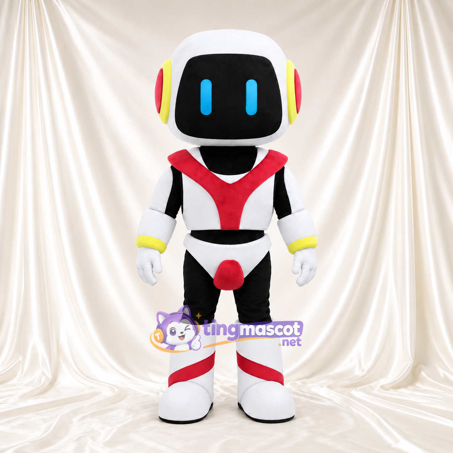 Costume de mascotte Robot – blanc – Visage-écran (noir); Armure (rouge) Costume de mascotte Robot – blanc – Visage-écran (noir); Armure (rouge)