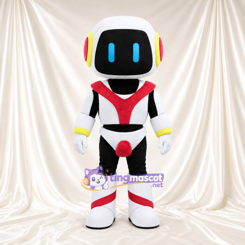 Costume de mascotte Robot – blanc – Visage-écran (noir); Armure (rouge) Costume de mascotte Robot – blanc – Visage-écran (noir); Armure (rouge)