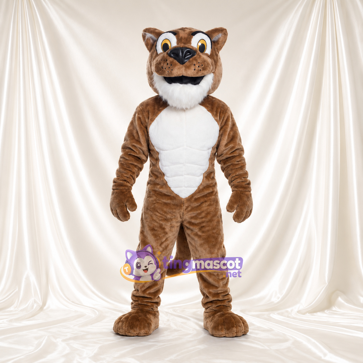 Brown Cougar Mascot Costume - White Muscular Chest and Smiling Muzzle Brown Cougar Mascot Costume - White Muscular Chest and Smiling Muzzle