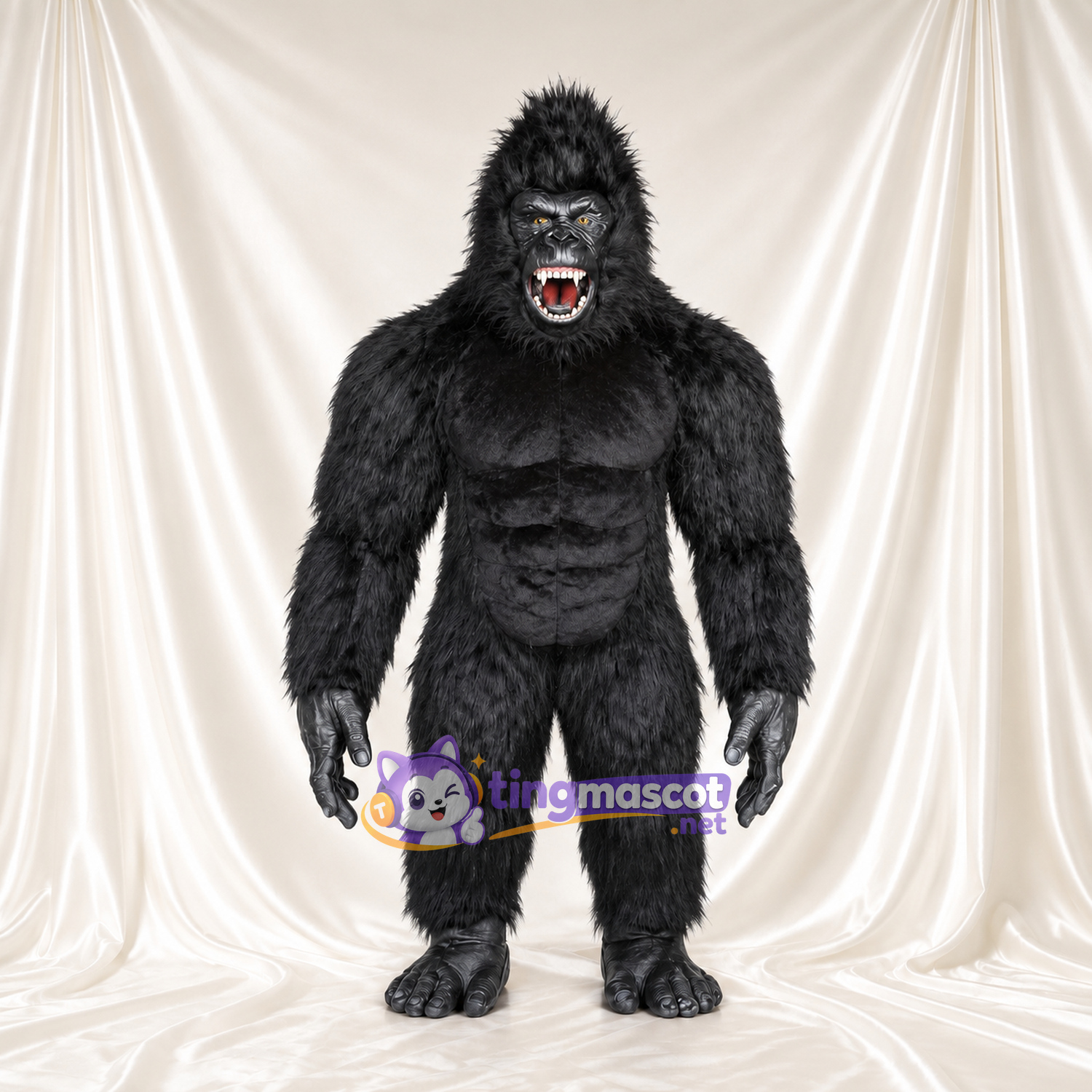 Costume de mascotte Gorille – noir – Corps musclé; Bouche à crocs (ouvert) Costume de mascotte Gorille – noir – Corps musclé; Bouche à crocs (ouvert)