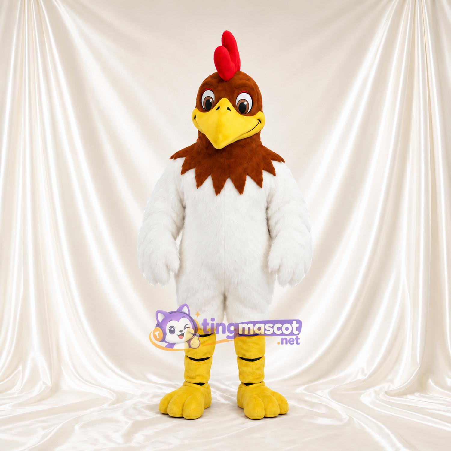 Costume de mascotte Coq – blanc – Cou (marron); Plumes; Jambes (jaune) Costume de mascotte Coq – blanc – Cou (marron); Plumes; Jambes (jaune)