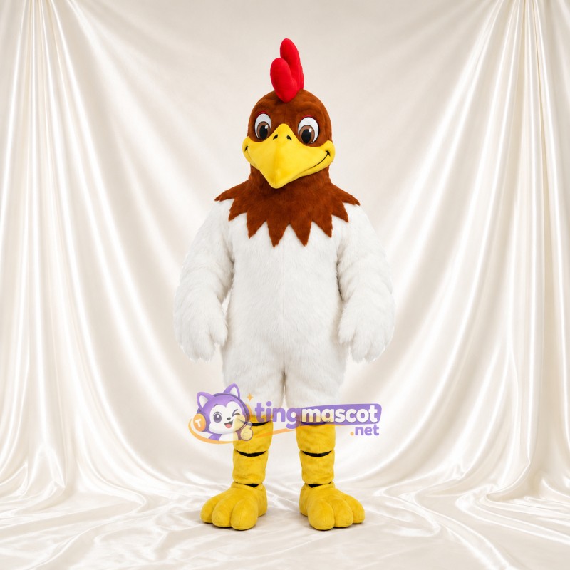 Costume de mascotte Coq – blanc – Cou (marron); Plumes; Jambes (jaune) Costume de mascotte Coq – blanc – Cou (marron); Plumes; Jambes (jaune)