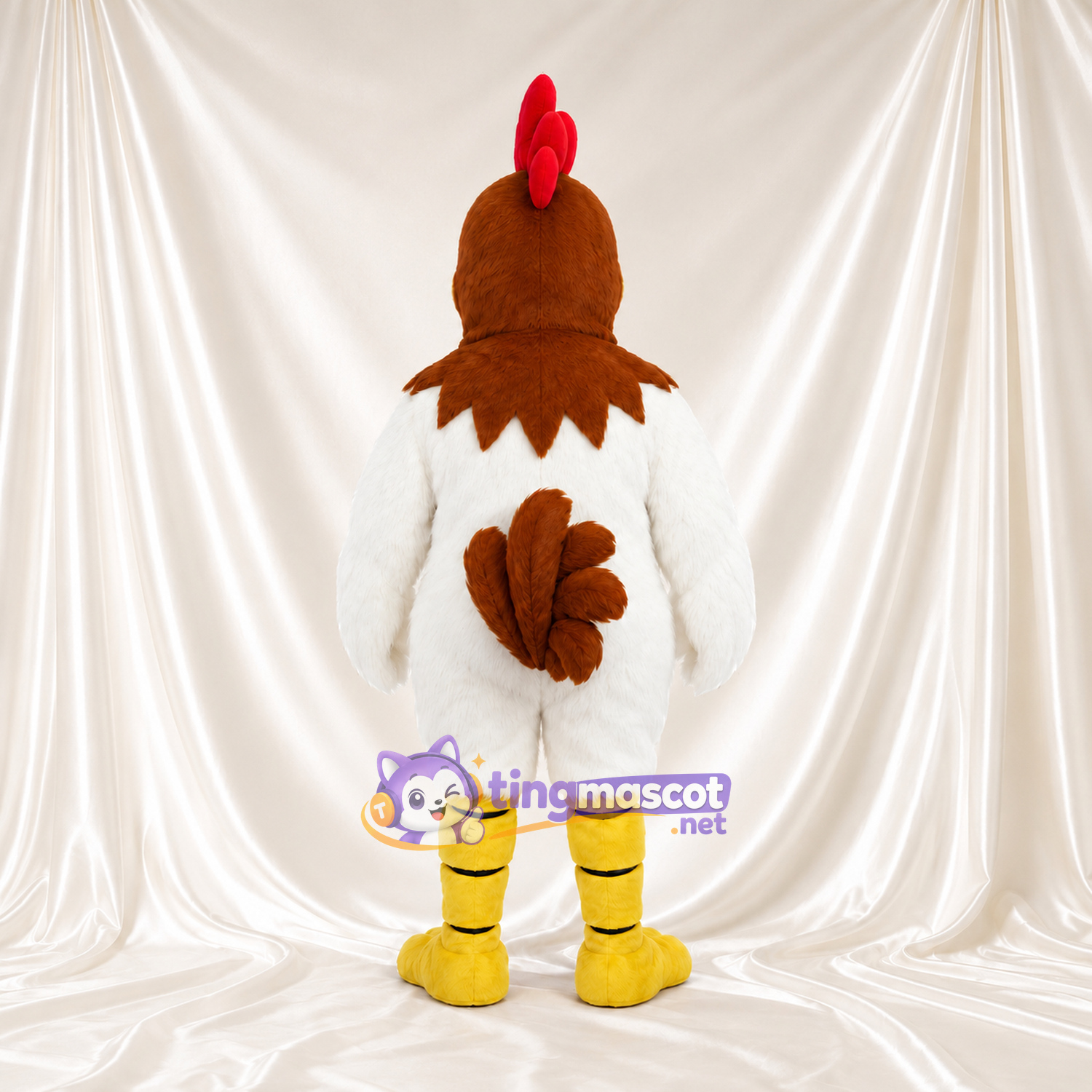 Costume de mascotte Coq – blanc – Cou (marron); Plumes; Jambes (jaune) Costume de mascotte Coq – blanc – Cou (marron); Plumes; Jambes (jaune)