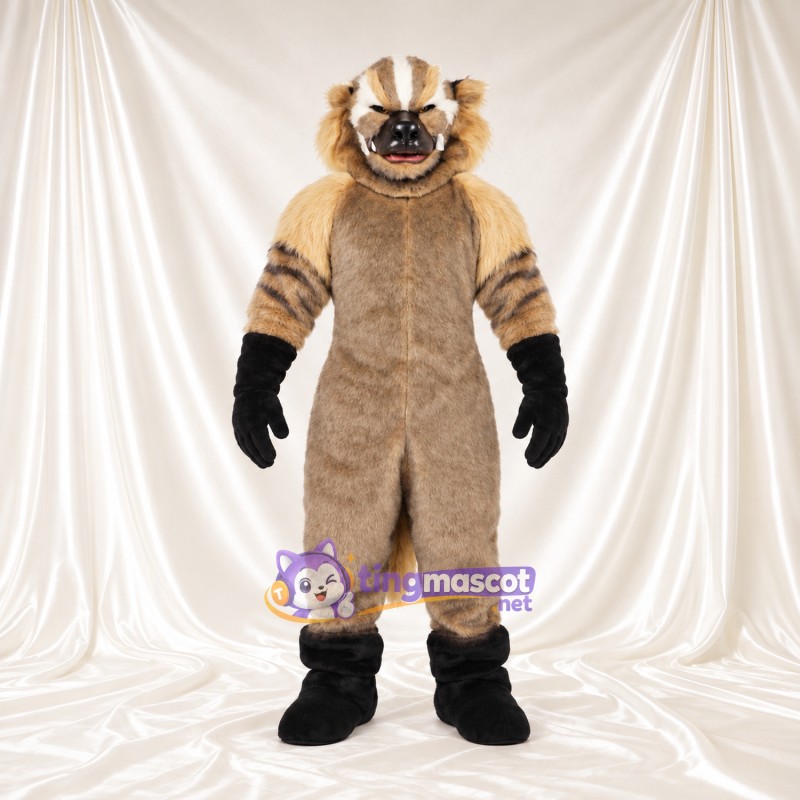 Maskottchenkostüm Dachs – hellbraun – Gesicht (gestreift); Handschuhe (schwarz) Maskottchenkostüm Dachs – hellbraun – Gesicht (gestreift); Handschuhe (schwarz)