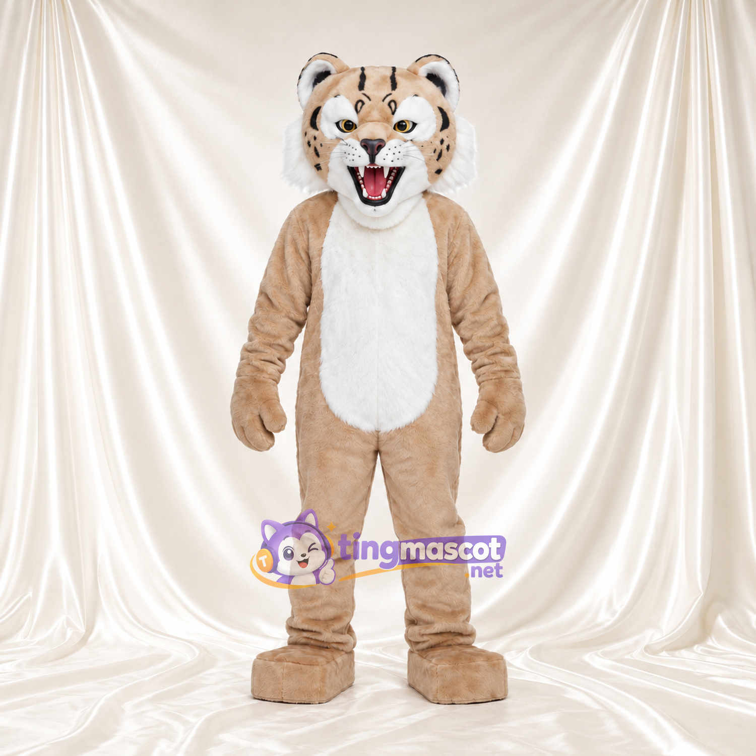 Beige Wildcat Mascot Costume - White Chest and Open Mouth Beige Wildcat Mascot Costume - White Chest and Open Mouth
