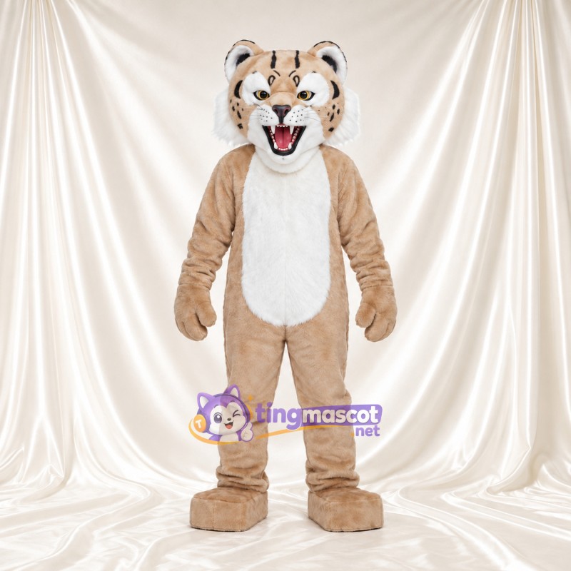 Beige Wildcat Mascot Costume - White Chest and Open Mouth Beige Wildcat Mascot Costume - White Chest and Open Mouth