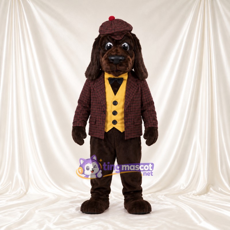 Costume de mascotte Chien – marron – Casquette (écossais); Veste; Gilet (jaune) Costume de mascotte Chien – marron – Casquette (écossais); Veste; Gilet (jaune)